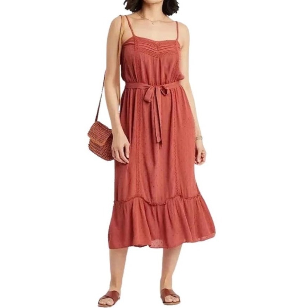 Knox Rose Rust Midi Lagenlook Lightweight Boho Bohemian Lace Trim Dress Sz Small